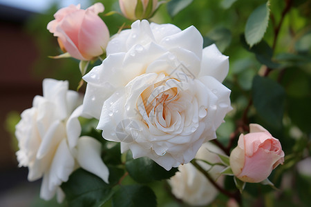 清晨玫瑰花上落满了水珠图片