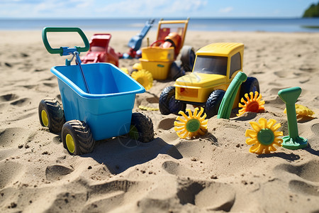 沙滩上种类多样的玩具背景图片