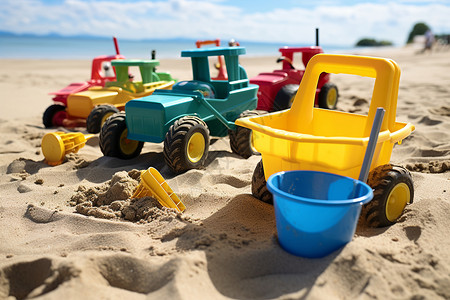 儿童趣味海边沙滩上的儿童玩具背景