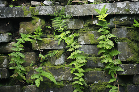 乡村岩石墙壁上生长的苔藓图片