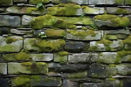苔藓生长的岩石墙壁图片