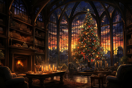 圣诞节客厅夕阳下温馨的圣诞节装饰客厅插画