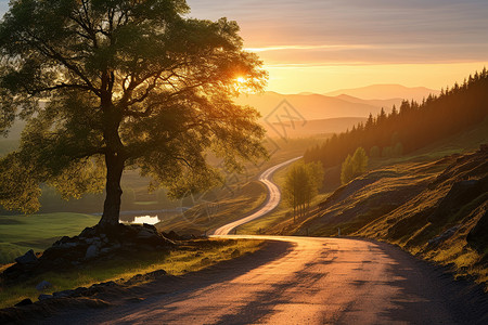 夕阳余晖中的公路图片
