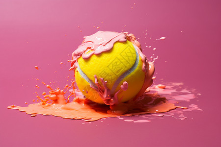 黄色飞溅颜料网球上飞溅的颜料设计图片