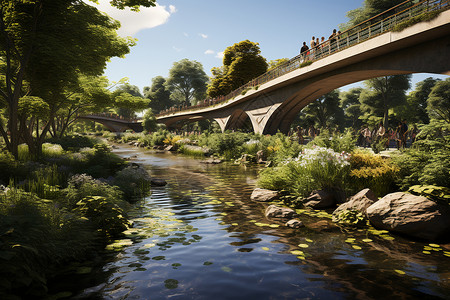 生态河生机勃勃的未来派城市景观设计图片