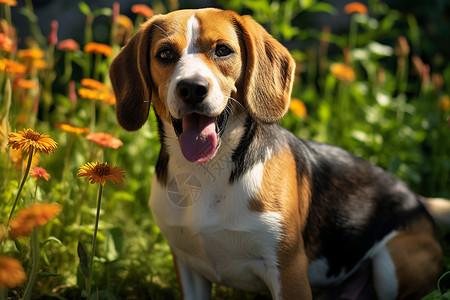 狗狗在花草丛中伸出舌头图片