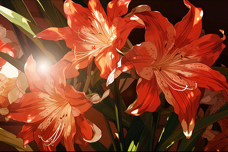 绽放的红色百合花插图背景图片