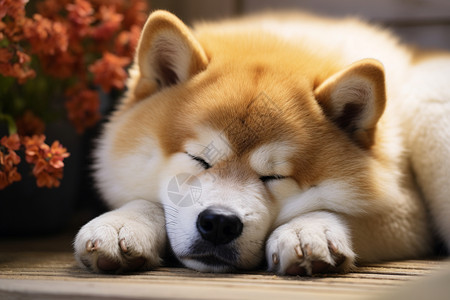 花束旁熟睡的柴犬图片