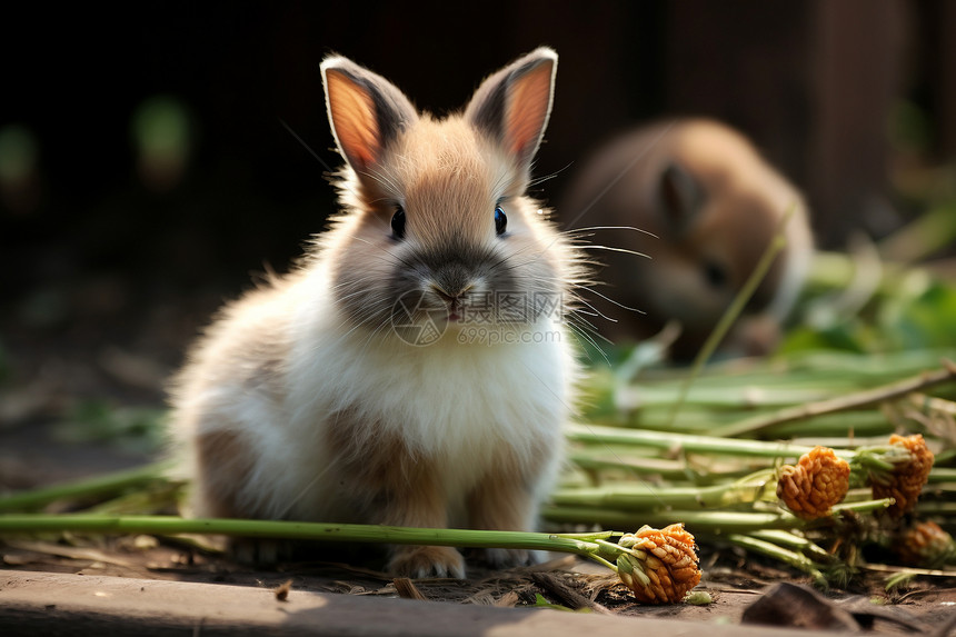 兔子坐在草堆边图片