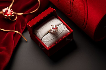 钻戒红色丝绸红盒子中的戒指背景