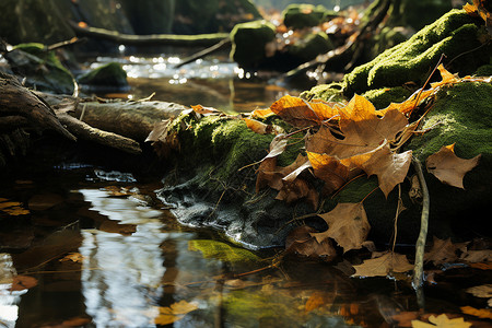秋季小溪旁的落叶图片