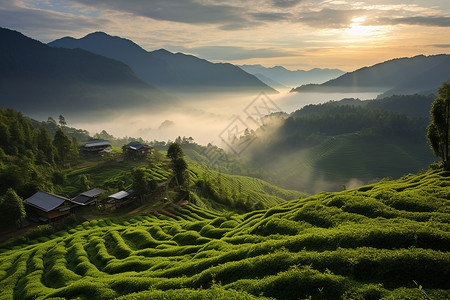 清晨薄雾弥漫的山间茶园背景图片