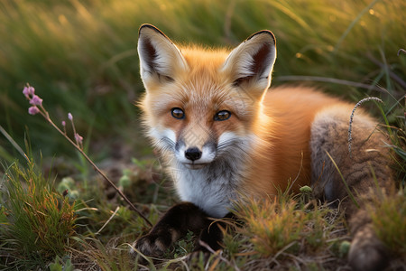 草地上孤独的狐狸图片