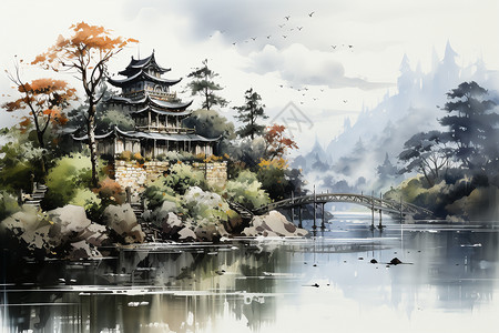 中式古风的山间建筑意境插图图片