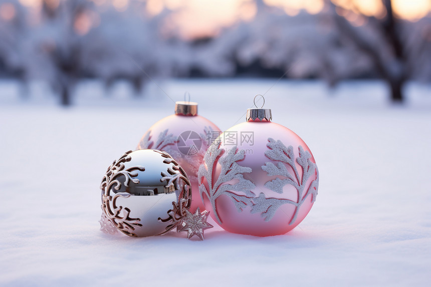 户外雪地上的圣诞树装饰球图片