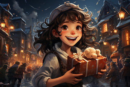 雪夜手拿礼物的小女孩背景图片