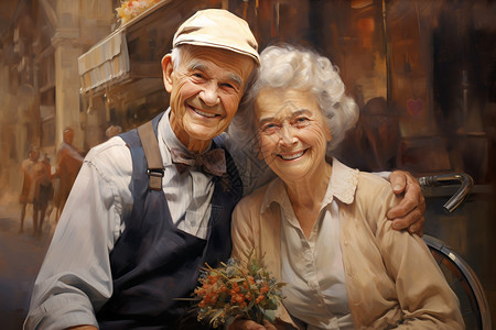 夫妻微笑恩爱的老年夫妇油画插图插画