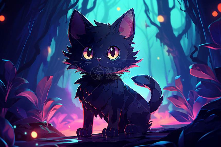 黑暗森林中的猫咪插图图片