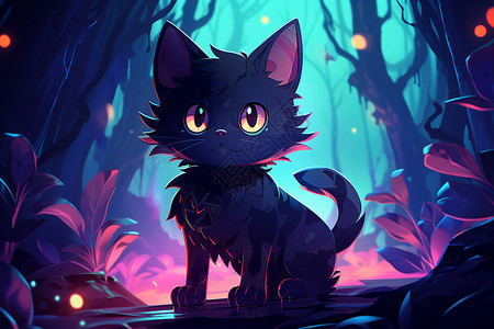 黑暗森林中的猫咪插图背景图片