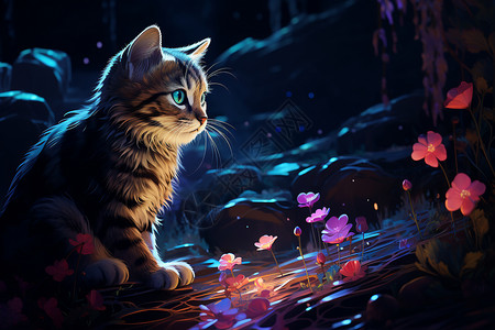 神秘梦幻的卡通猫咪插图背景图片