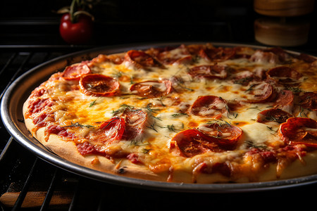 新鲜烘焙的培根意大利披萨图片