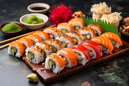 寿司餐饮优惠券传统美食的三文鱼寿司背景