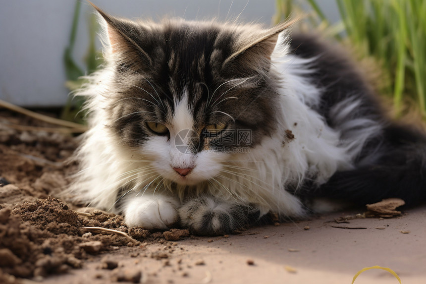 户外花园中毛茸茸的小猫图片