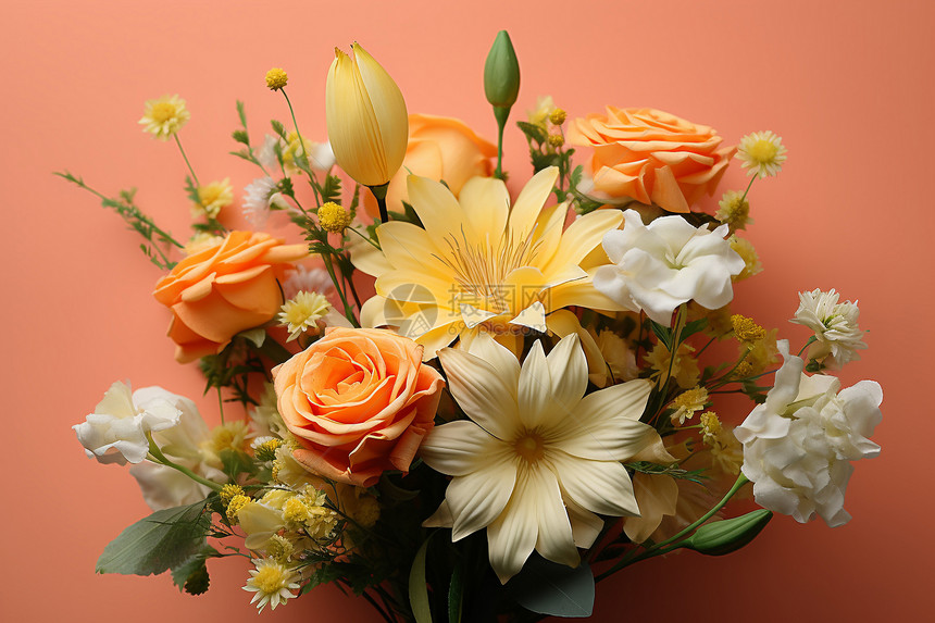 花瓶中盛开的鲜艳花束图片