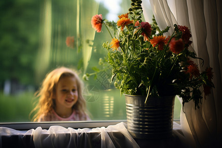 拿着水桶女孩窗边水桶中的鲜花花束背景