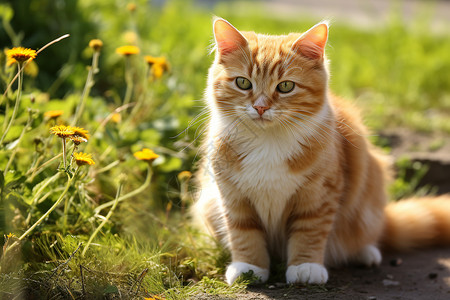 夏季草地上的宠物猫咪背景图片