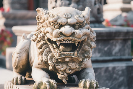 威武门神传统文化古建筑的石狮子背景
