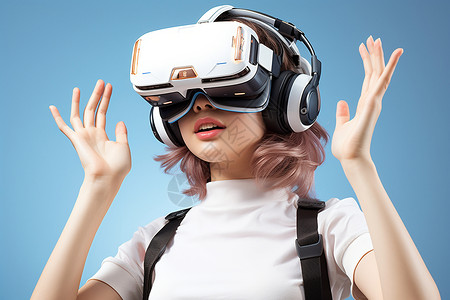 佩戴虚拟现实技术VR眼镜的年轻女子背景图片