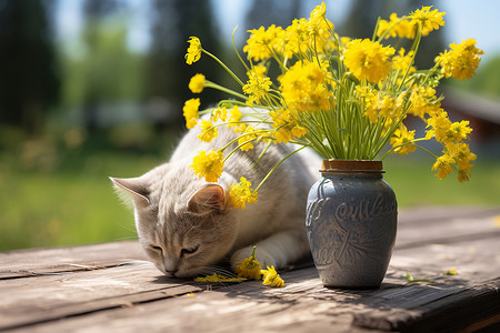 户外的猫咪和花瓶图片