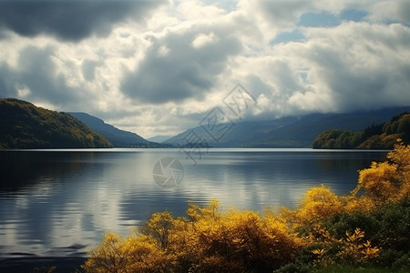 辽阔的山间湖泊景观背景图片