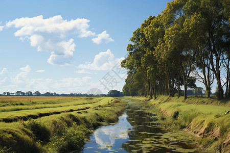宁静的田间河流景观图片