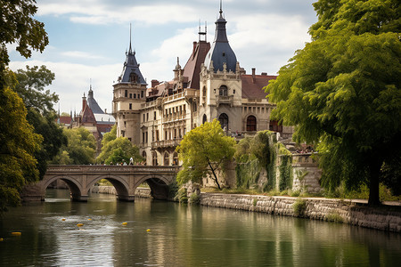 湖畔的古典欧式城堡建筑图片