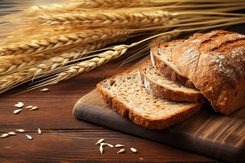 木板上的小麦面包图片
