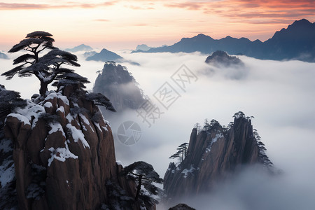 冬季黄山迷雾笼罩的黄山山峰背景