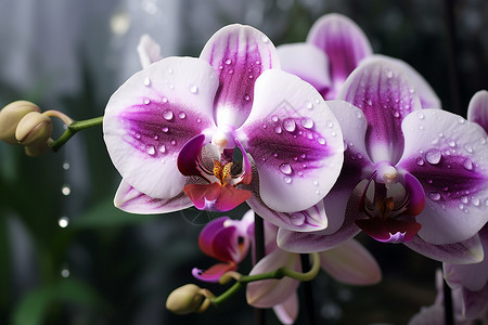 水滴花瓣背景下的紫色兰花特写图片