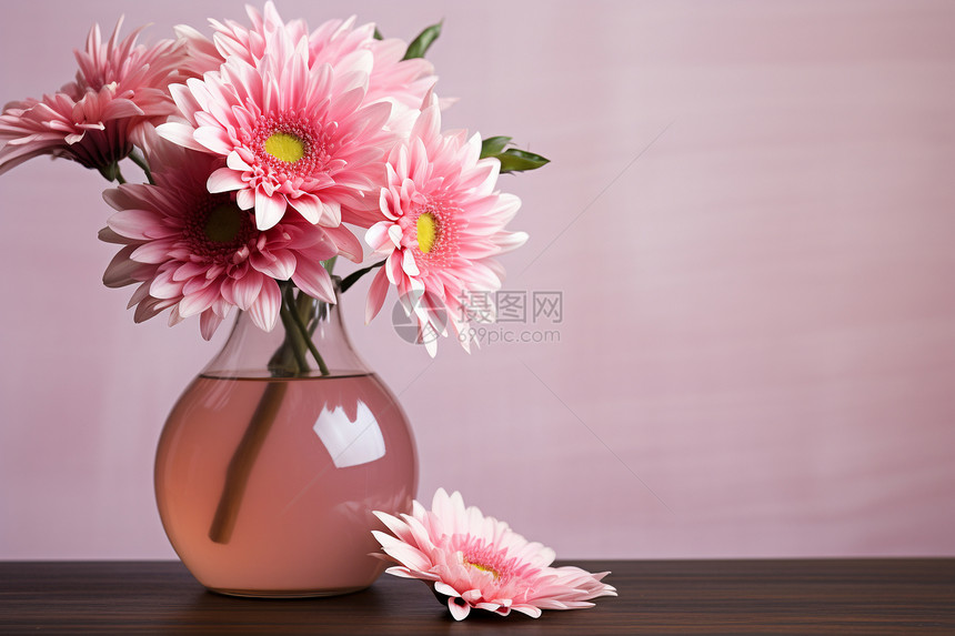 粉色花朵盛放的花瓶图片