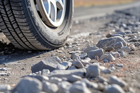 汽车灰尘砂石路上的轮胎背景