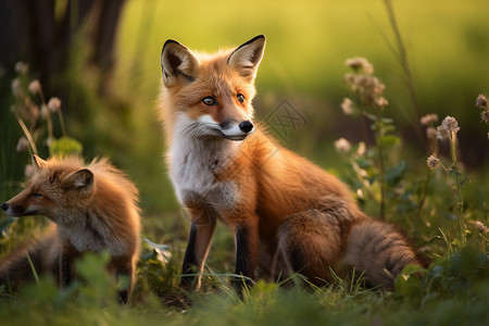草地上两只狐狸图片