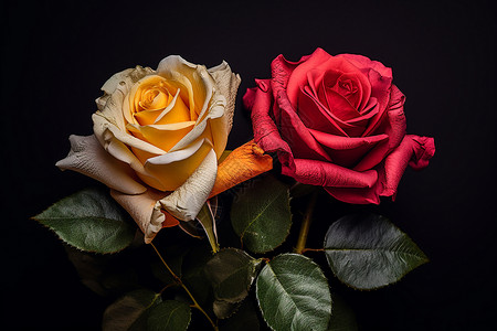 两朵玫瑰在黑色背景上背景图片