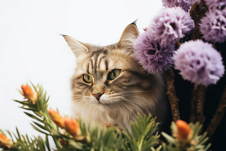 猫咪与紫花背景图片