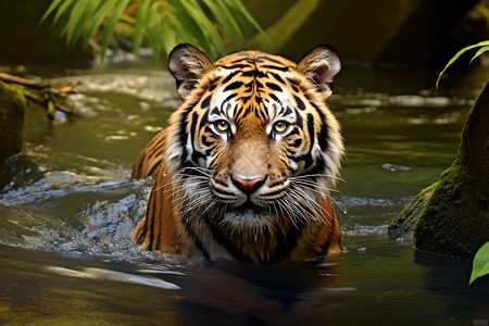 丛林中游泳的老虎高清图片