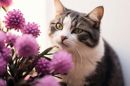 清新的花朵和猫咪背景图片