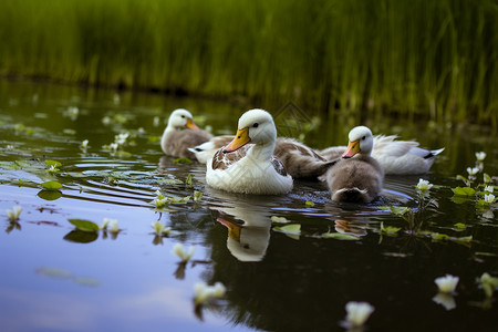 池塘中的鸭群图片