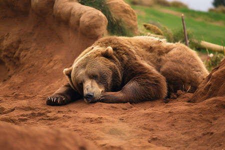 睡觉棕熊懒散的熊在草地上睡觉背景