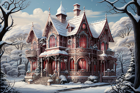 雪中的房屋绘画图片