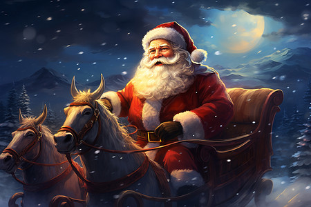 夜晚驾驶圣诞老人驾驶雪橇插画